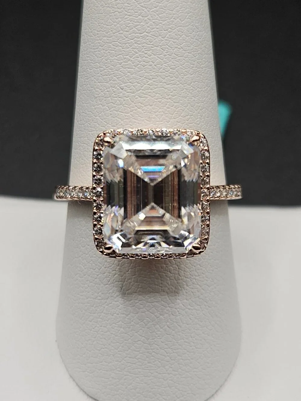 925 sterling silver moissanite 14k rose gold emerald cut halo ring sz 9 12.21ct